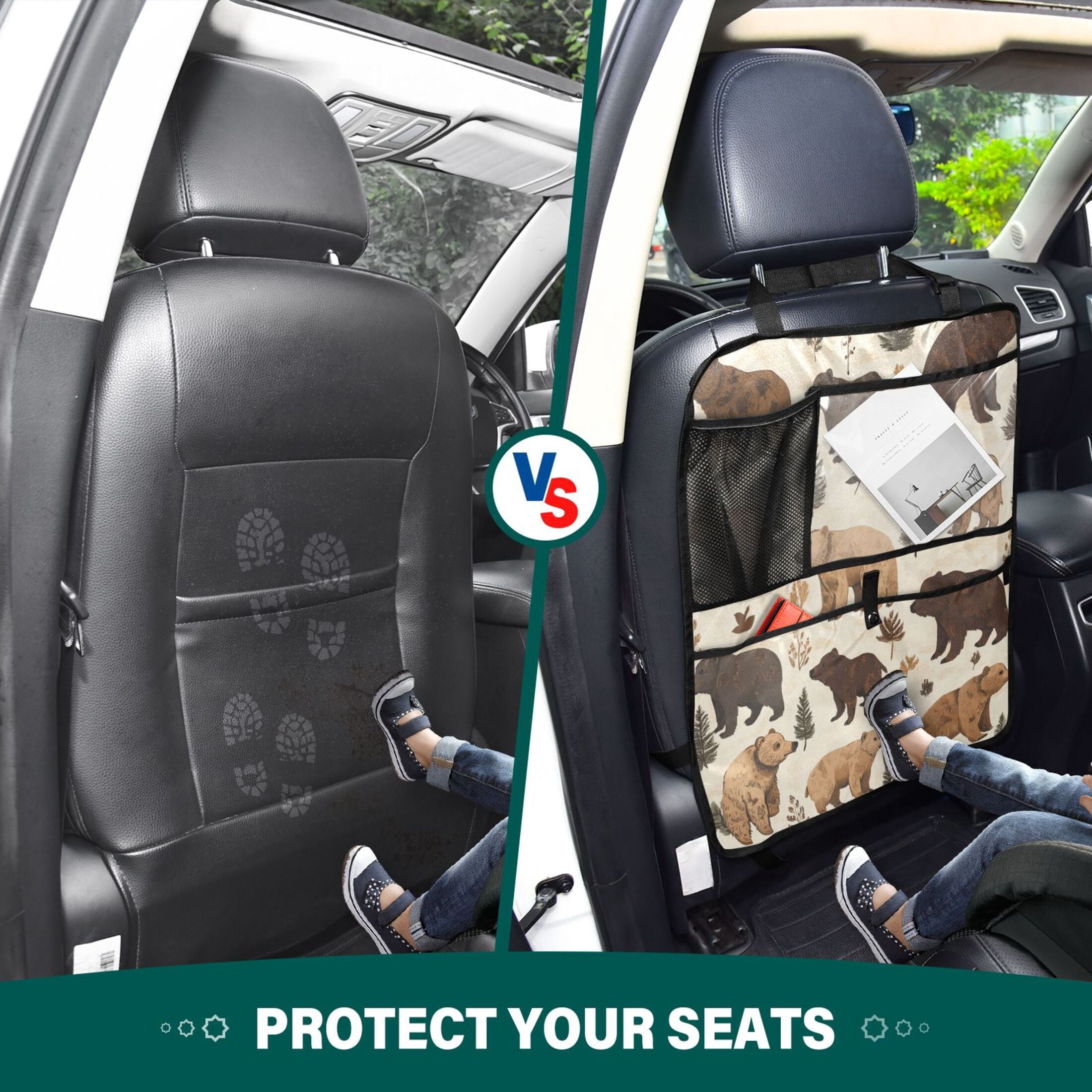 WOBOGO Brown Bear Backseat Car Organizer 2 PCS Footed Universal Car with Touch Screen Tablet Holder Rear Seat Protector