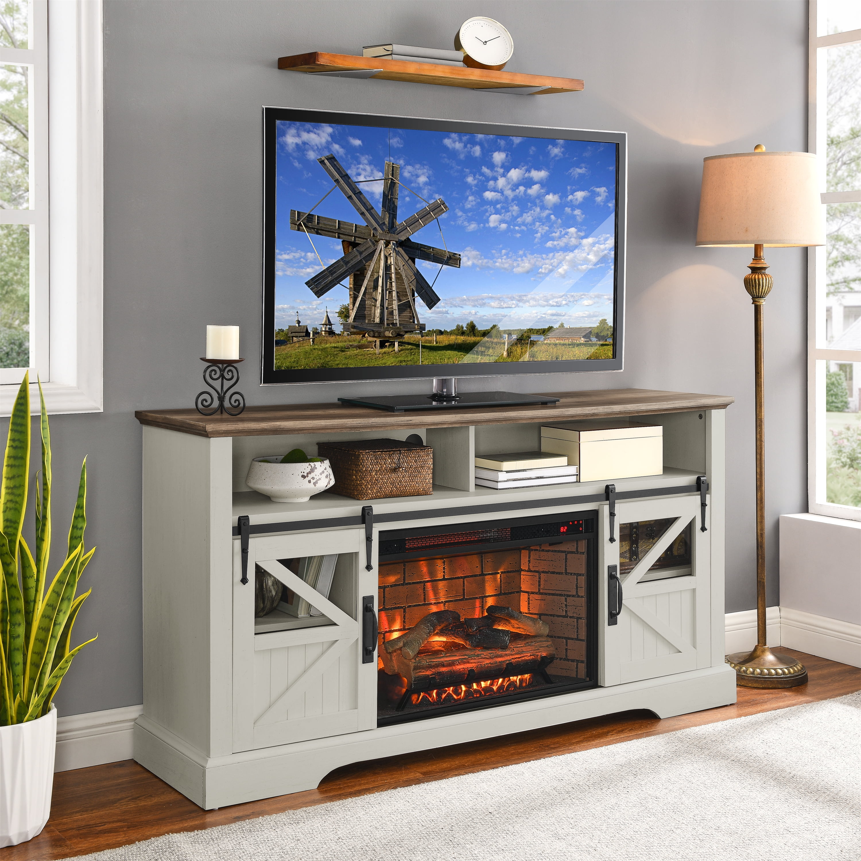 Holaki 60 Inch Electric Fireplace Entertainment Center With Door Sensor-Jasmine White Color