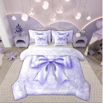 Manfei Cartoon Purple Ribbon Bedding Comforter Set 7-Piece, Princess Bowknot Bow King Bedding Sets, Teen Boy Girl Kid Reversible Bed Sheets, Lightweight Room Decor