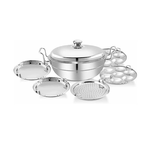 Stainless Steel Idli Cooker Multi Kadai Steamer With Sandwich Or Induction Bottom   5 Plates - Big Size, Silver | 2 Idli Plates  2 Dhokla Plates  1 Patra - Multipurpose Steamer For Dhokla, Momos