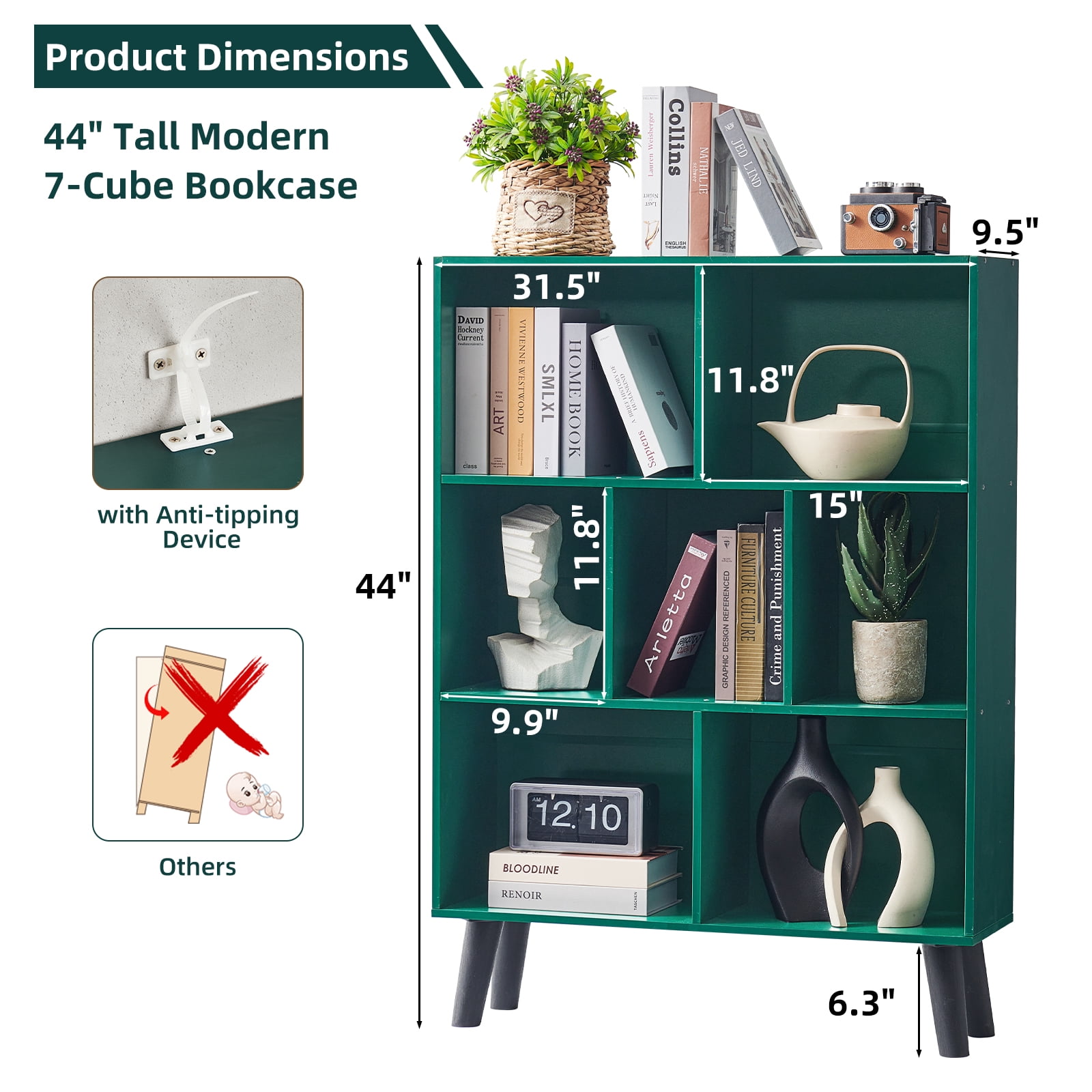 7-Cube 3-Tier Mid-Century Dark Green Bookcase with Legs, Retro Wood Storage Organizer, Freestanding Open Shelves for Bedroom, Living Room, Office