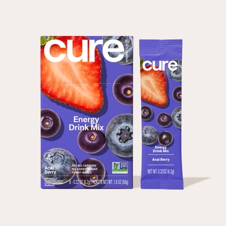 Cure Hydration Performance | Plant Based Electrolyte Energy Drink Mix | No Added Sugar | 100mg of Caffeine | Non-GMO | Vegan | Box of 8 Packets - Acai Berry