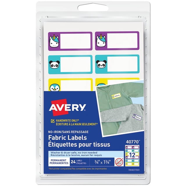 Avery No-Iron Fabric Name Labels, Cute Animal Designs, ¾" x 1 ¾", Preprinted Borders, Handwrite, 40770