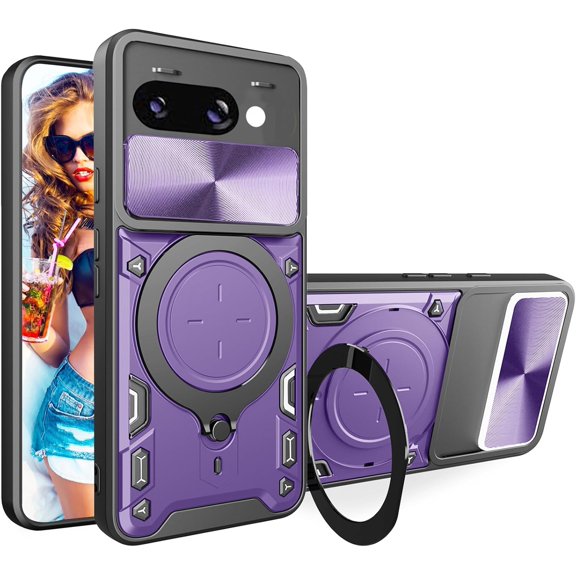 KOMI for Google Pixel 9a 6.3" Armor Case with Magnetic Ring Kickstand, Rugged Military Grade Shockproof Case with Slide Camera Lens Cover for Google Pixel 9a Purple