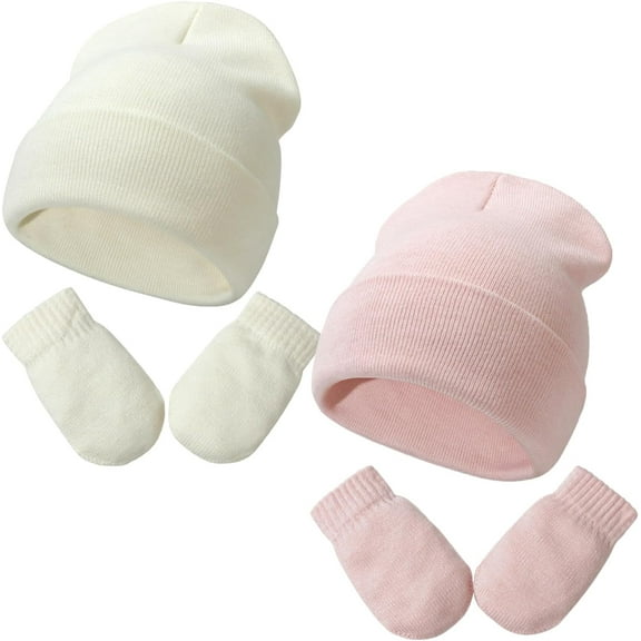 Newborn Baby Beanie Hat Gloves Set, 2pcs Toddler Kids Solid Soft Winter Warm Knit Hat with Gloves for Unisex Boys Girls (White & Pink,3-24 Months)