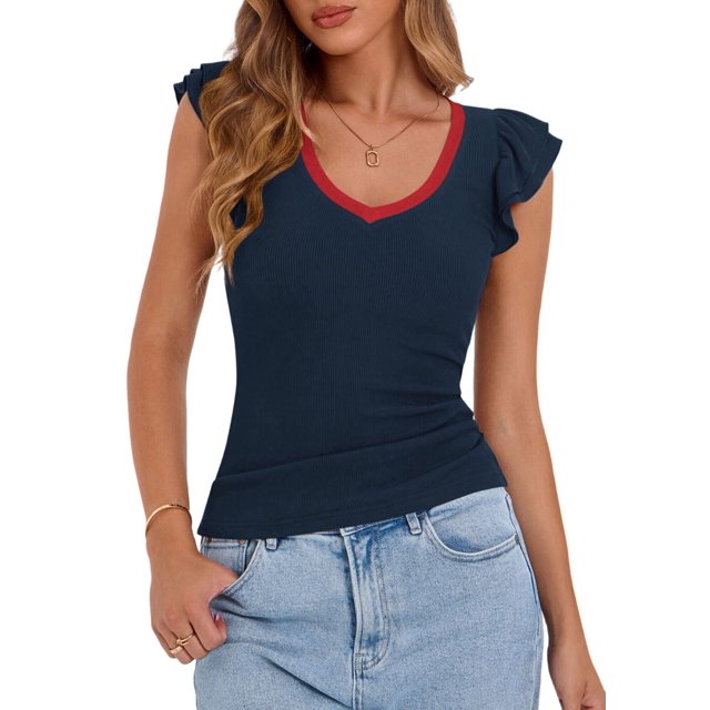 Womens Summer V Neck Ruffle Sleeveless Slim Fit T-Shirts Navy Blue XL