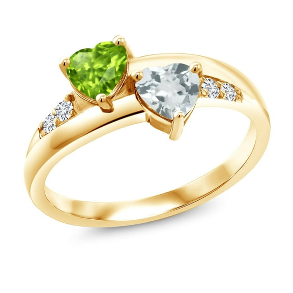Gem Stone King 1.00 Ct Green Peridot Sky Blue Aquamarine 18K Yellow Gold Plated Silver Lab Grown Diamond Ring (Size 5)