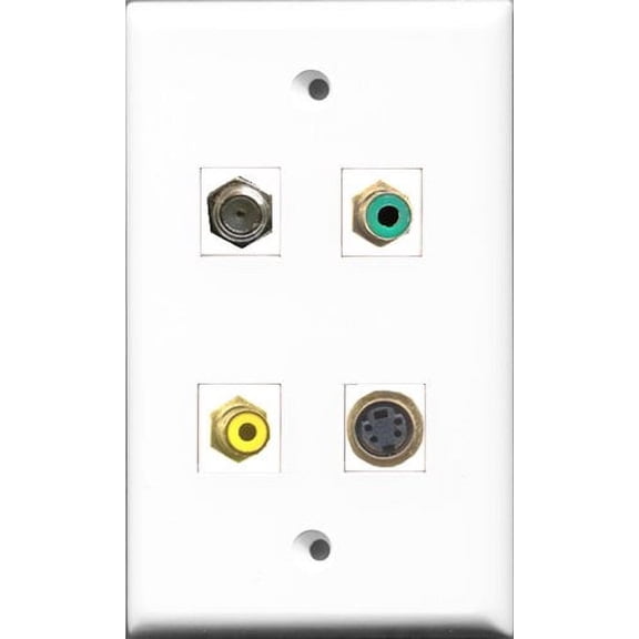 RiteAV 1 Port RCA Yellow and 1 Port RCA Green and 1 Port Coax Cable TV- F-Type and 1 Port S-Video Wall Plate