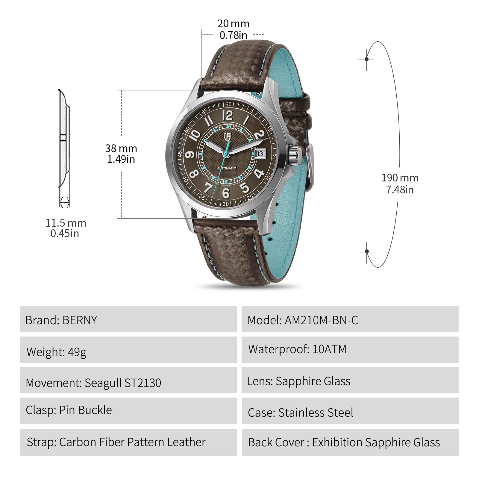 BERNY Men's Automatic Watch, Leather Strap Mechanical Watch with Date, Super Luminous, Sapphire Crystal, 10ATM Waterproof, Fashion Casual Wristwatch for Men (Blue)