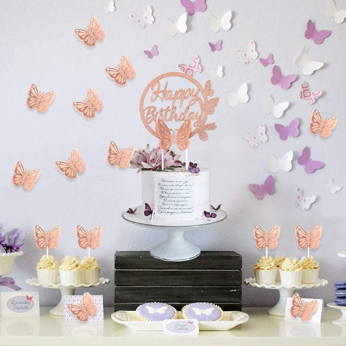Schmetterling Cake Topper \"Happy 56th Birthday\" – Roségold Glitzer, Kuchendekoration