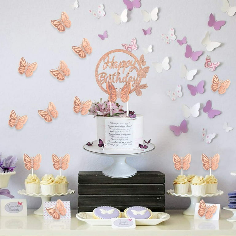 Birthday Cake TOPPER. Rose Gold Butterfly Cake Decoration.