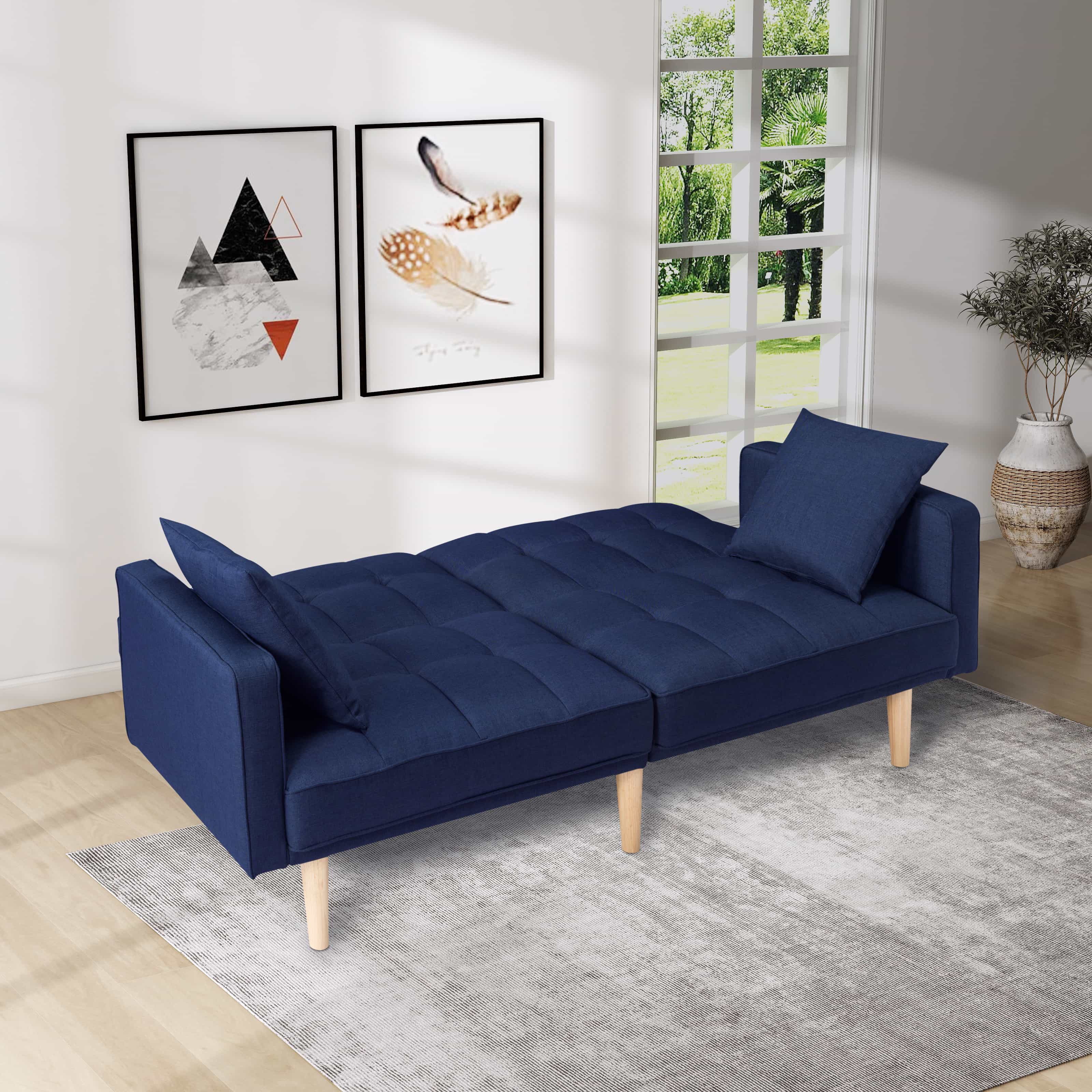 BSHTI 71.5 inch Modern Adult Futon Sofa Bed,Adult Sleeping Chouch with 2 Pillows for Livingroom,Navy Blue