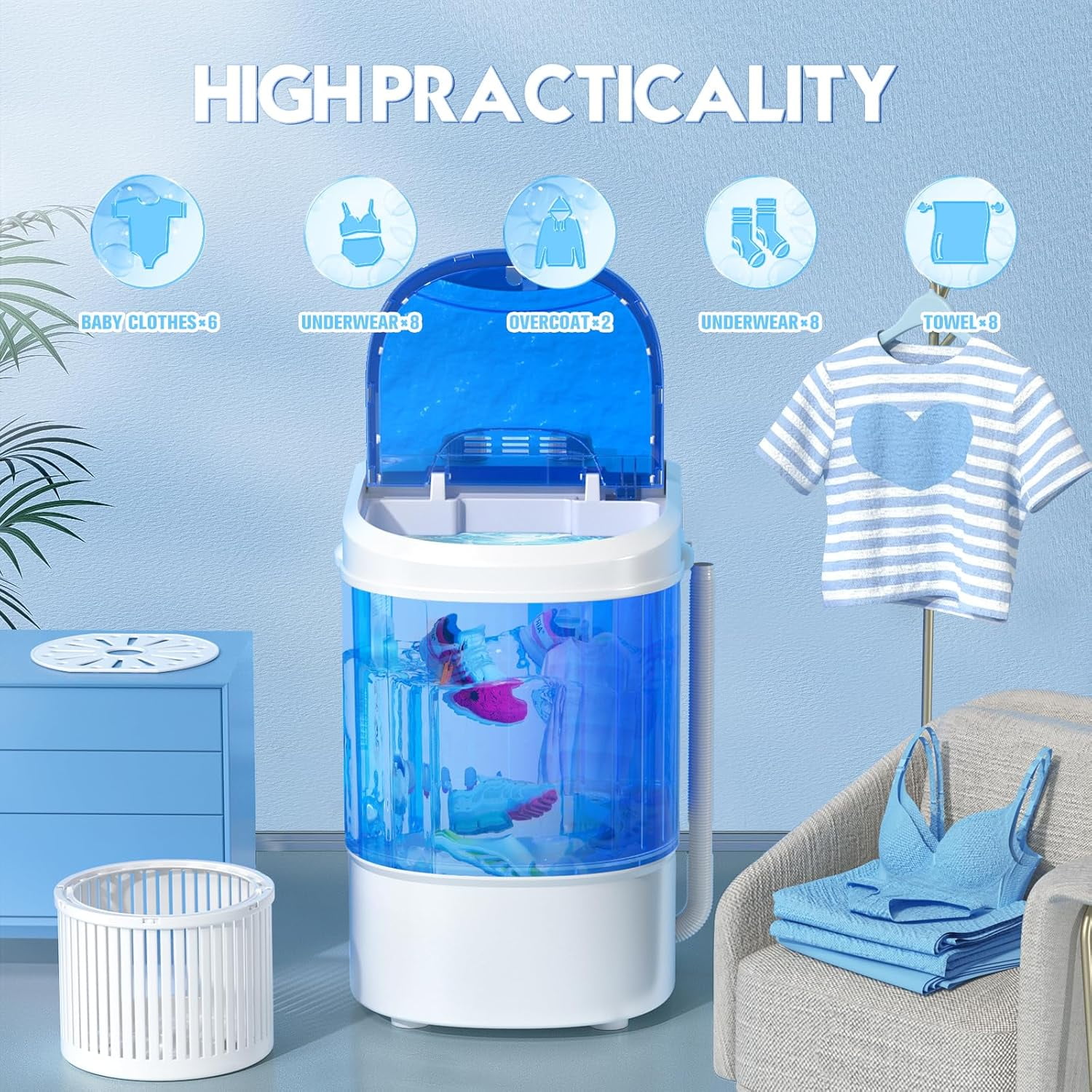 SOLAURA Portable Mini Washing Machine, 6.6 lb Single Tub Washer & Dryer, 2-in-1 Washer Machine with Drain Pump for Home, Apartment, RV, Dorm & Outdoor