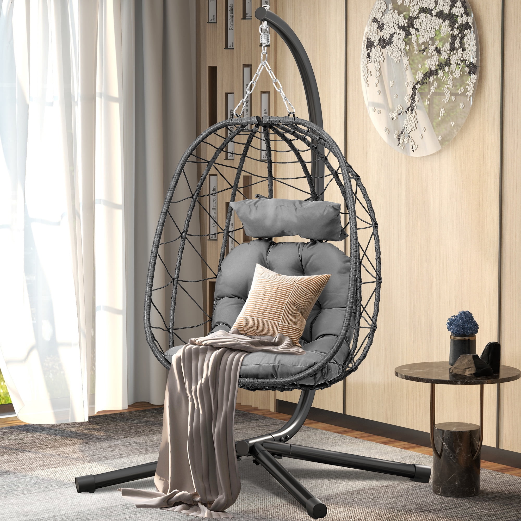 Uforic Wicker Egg Swing Chair with Stand & Cushion, 330lbs Capacity, Dark Gray
