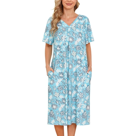 Fiykzur Women's Nightgown Short Sleeve House Dress with Pockets Comfy Loungwear Floral Print Sleepwear
