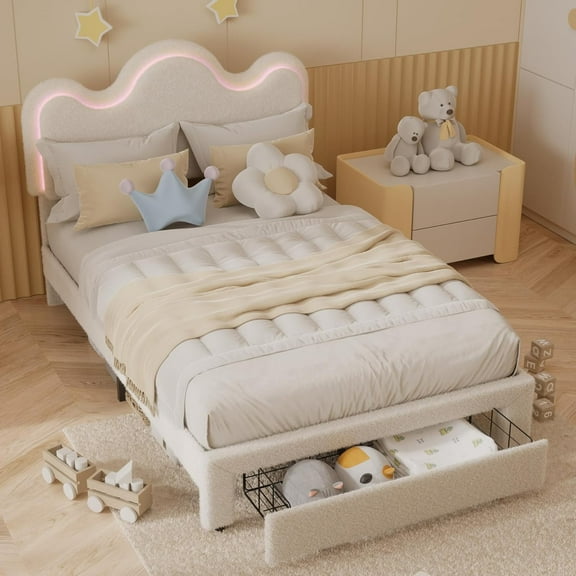Twin Size Princess Bed Frame with LED Headboard & Storage Drawers, Adjustable Boucle Platform Bed for Girls, No Box Spring Needed, Beige