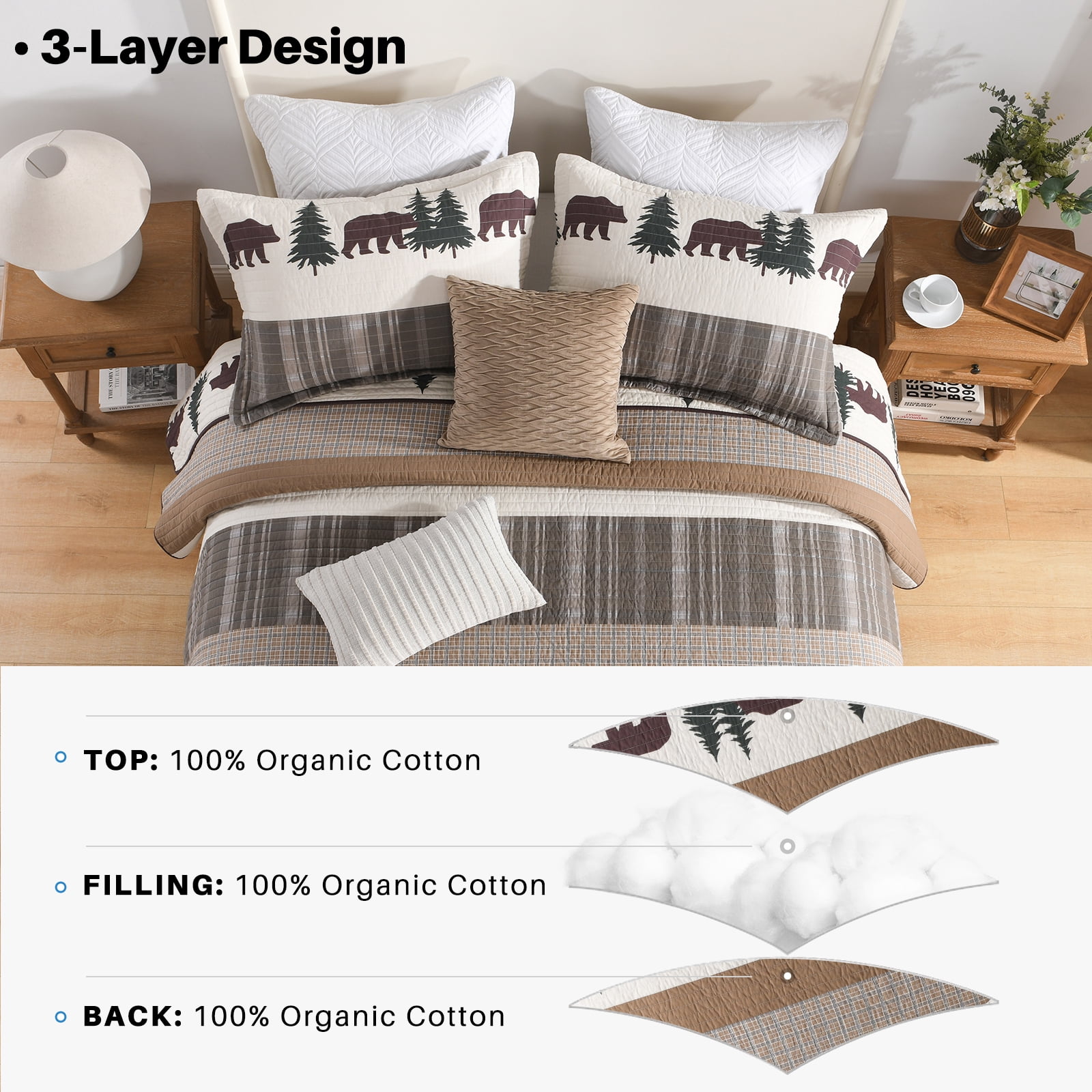 Bedduvit Rustic Lodge Queen Quilt - 100% Organic Cotton Quilt Sets, Cabin Animal Farmhouse Lightweight Bedspread for Queen Beds, Bear Tree Brown White Striped Cottage Bedding Set with 2 Pillow Shams