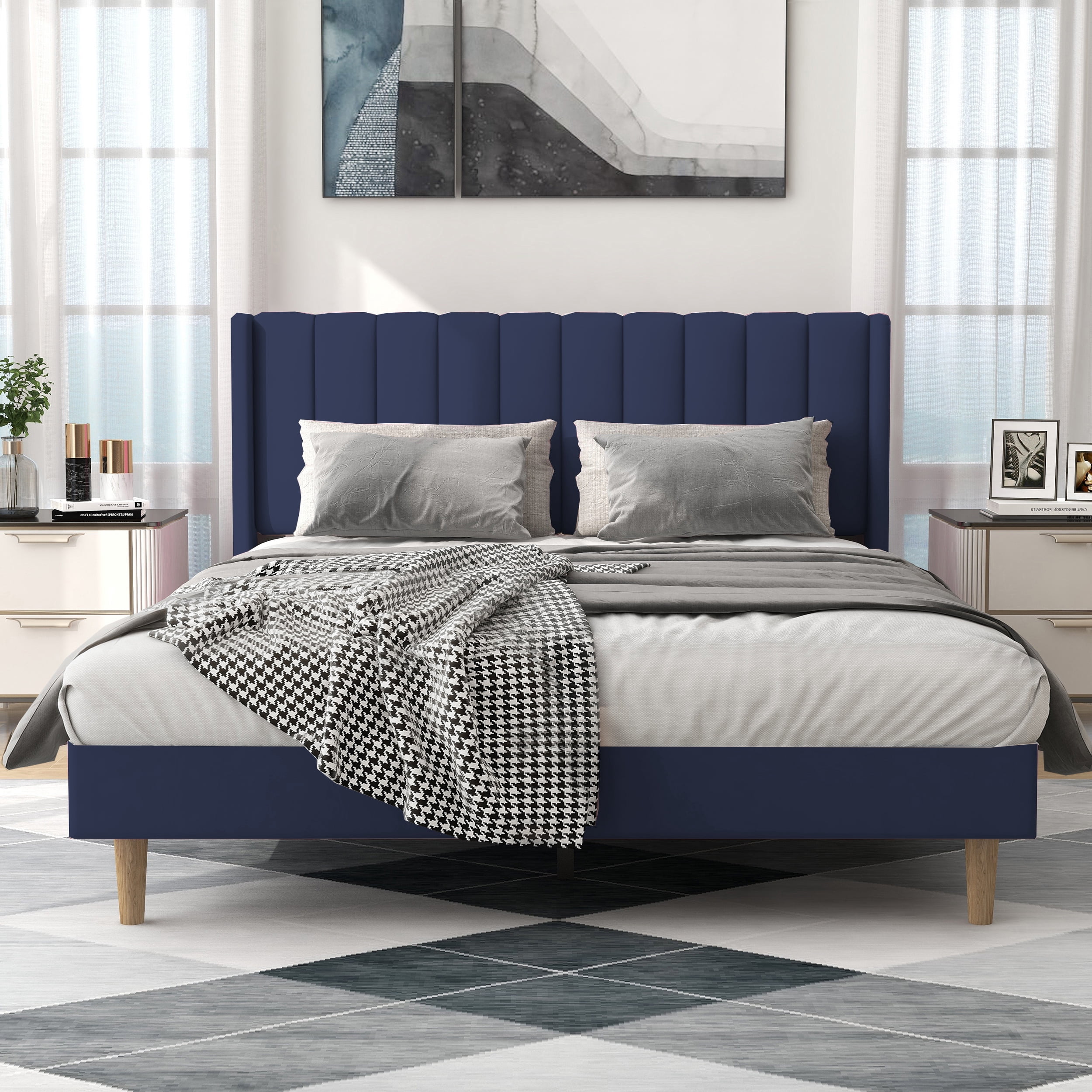 alazyhome Queen Size Upholstered Platform Bed Frame, Easy Assemble, Blue Velvet