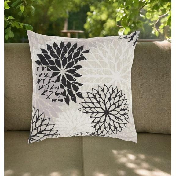 20" Black Gray and White Handmade Floral Indoor Outdoor Throw Pillow