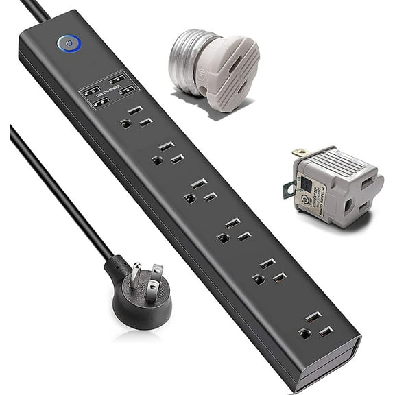10ft ETL Certified 1250W Surge Protector Power Strip w. 6 AC Outlets & 4 USB Wall Mount Flat Plug 10A 3m Extension Cord 5V/3.4A USB Total w. E27 Screw-in Outlet & 2-Prong to 3- Prong Adapter (Black)