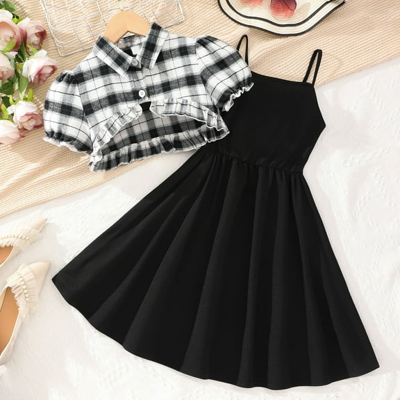 RTKFRFLM Big Girls 2-Piece Dress Set Casual Plaid Checkered Cropped Shirt Jacket and Solid Color Camisole Maxi Dress Trendy Summer Outfits for and Girls Clothing Sets