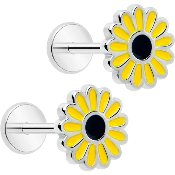 Body Candy Flat Back Earring Pair - 20 Gauge 316L Surgical Steel Cheery Sunflower Stud Earrings Pair