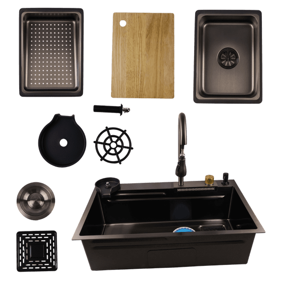 Tarja de Cocina, Maxims 75x46cm Color Negro Kit de Fregadero incluye: Monomando, Lava-Copas, Céspol, Contracanasta, Tabla de Picar, Escurridores y Dispensador de Jabón.