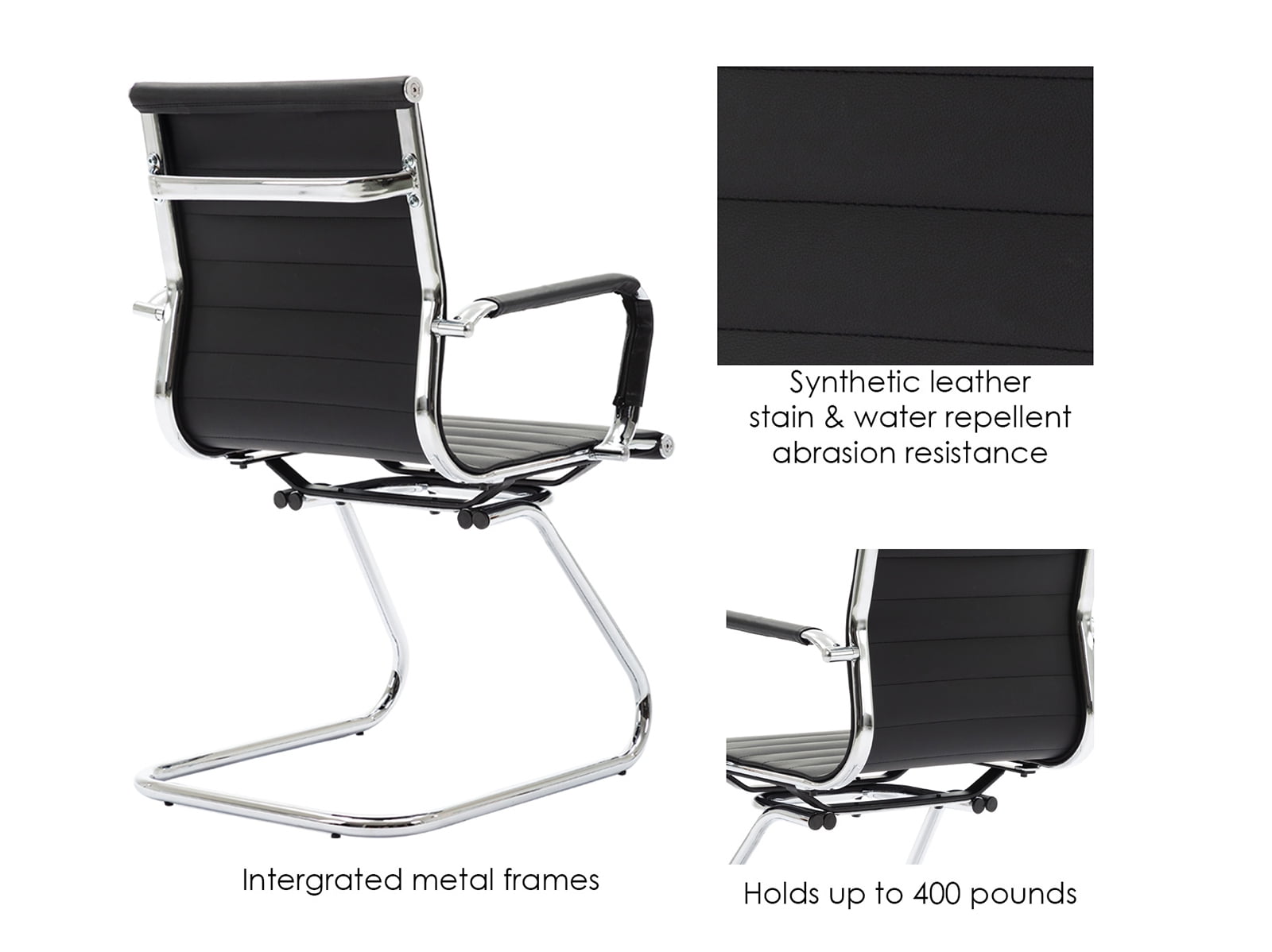 Guyou Modern Mid Back Office Guest Chair Set of 2, Faux Leather Reception Chair Computer Chair with Armrests and Metal Sled Base for Meeting/Waiting/Conference Room, No Wheels, Black