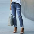 thumbnail image 3 of Women Patchwork Destroyed Raw Hem Jeans Ripped Hole Denim Pants, 3 of 5