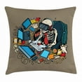 thumbnail image 1 of Gamer Throw Pillow Cushion Cover, Skeleton Programmer and Hacker in Virtual Reality Eating Fast Food Theme Illustration, Decorative Square Accent Pillow Case, 16 X 16 Inches, Multicolor, by Ambesonne, 1 of 2