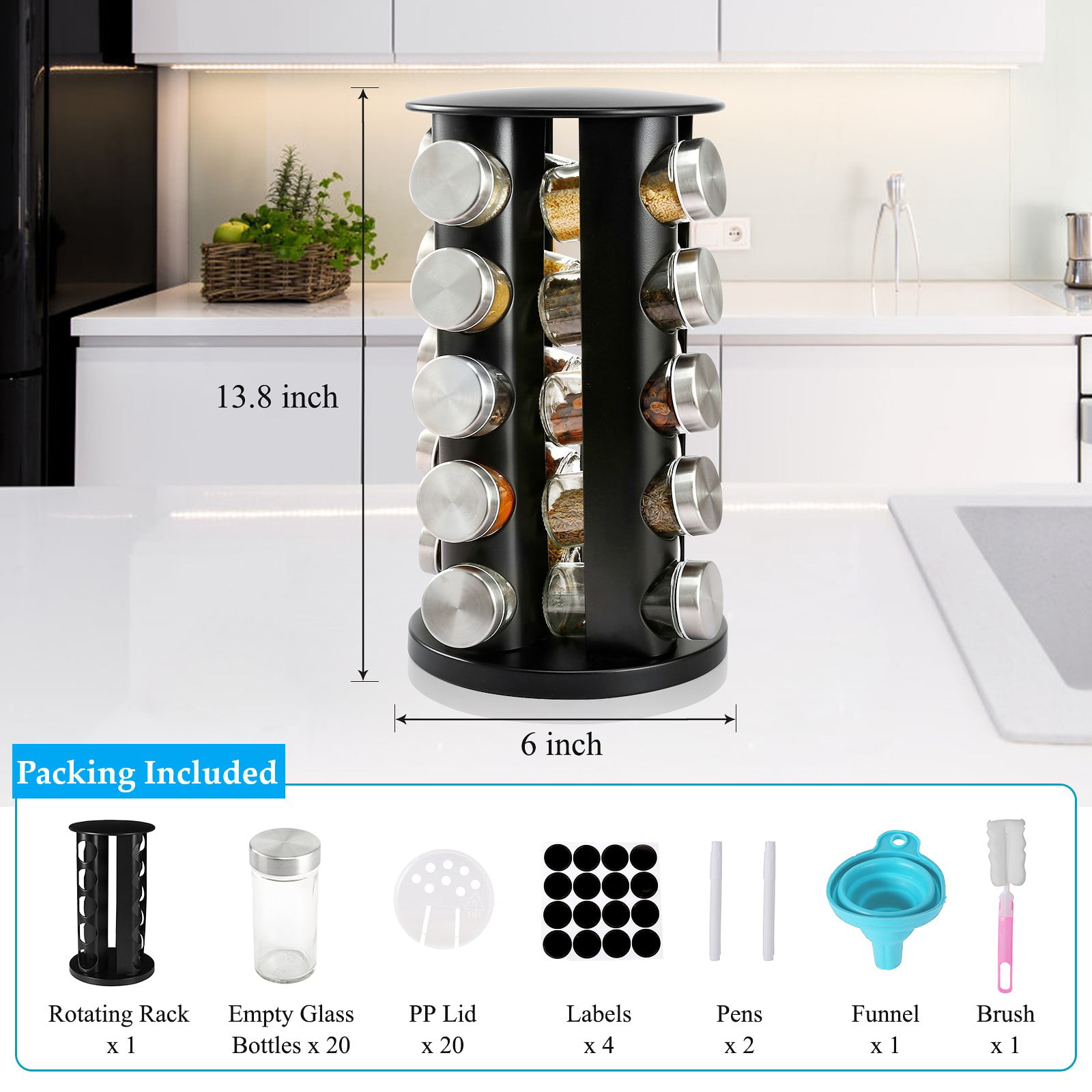 1set Revolving Spice Rack, 6-Jar Seasoning Organizer Holder 360° Rotation  Shelf Tower Set with 6 Glass Spice Refill Containers Jars for Cabinet  Countertop Kitchen Cooking (Spices Not Included)