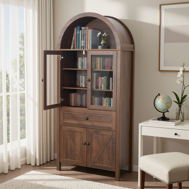 PAPROOS 71'' Arched Pantry Storage Cabinet, Kitchen Pantry Cabinet with Drawers and Doors, Adjustable Shelves, Display Cabinet for Dining Room Living Room, Walnut Brown