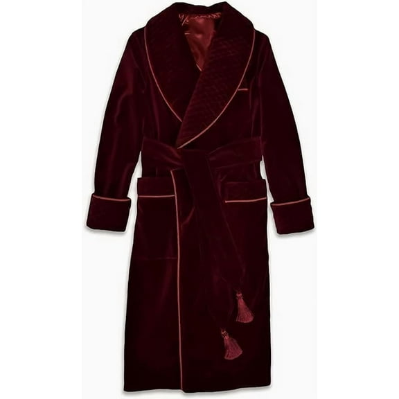 Men's Long Maroon Smoking Jacket Velvet Dressing Gown Coat Robes Quilted Evening Robes Coat