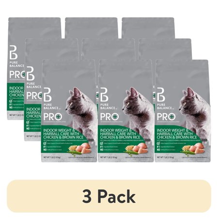 (3 pack) Pure Balance Pro+ Indoor Weight & Hairball Care Chicken & Brown Rice Dry Cat Food, 7 lbs