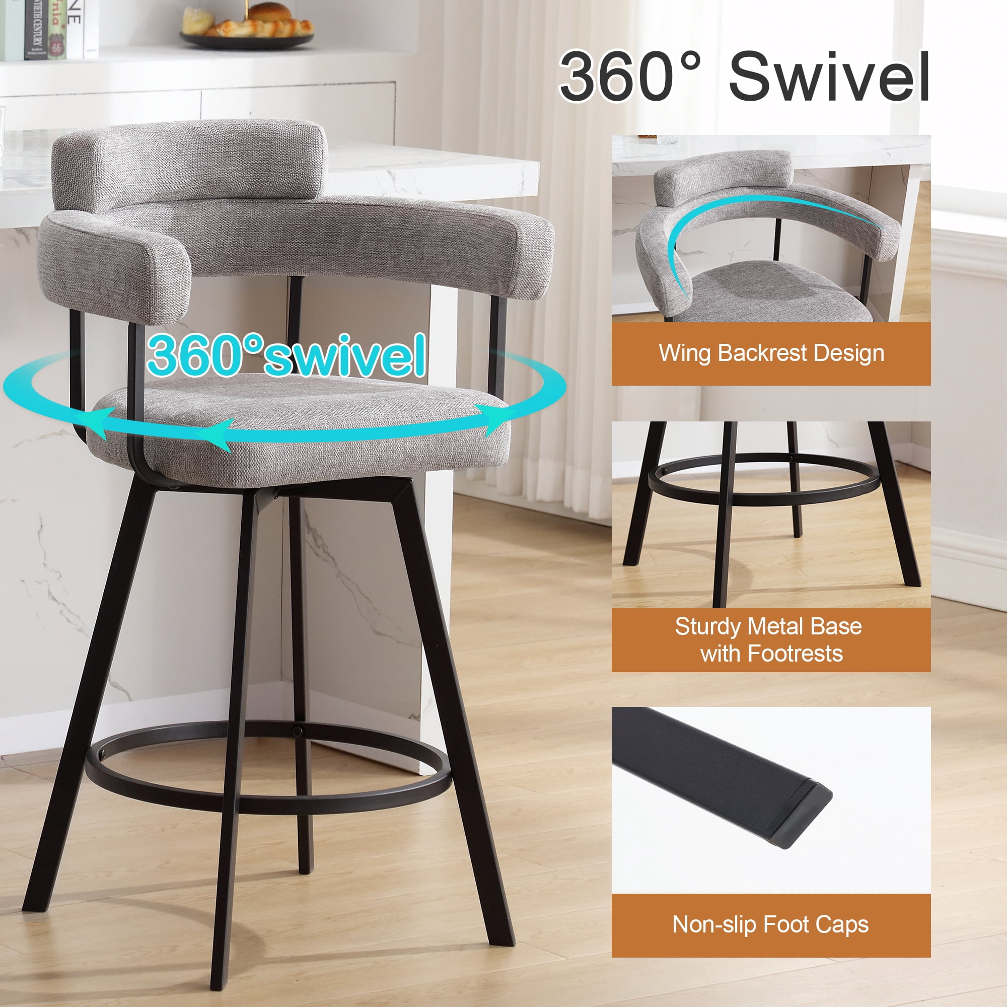 Zesthouse 26" Counter Height Swivel Barstools, Linen Upholstered Bar Stools Set of 2, Metal Base, Gray