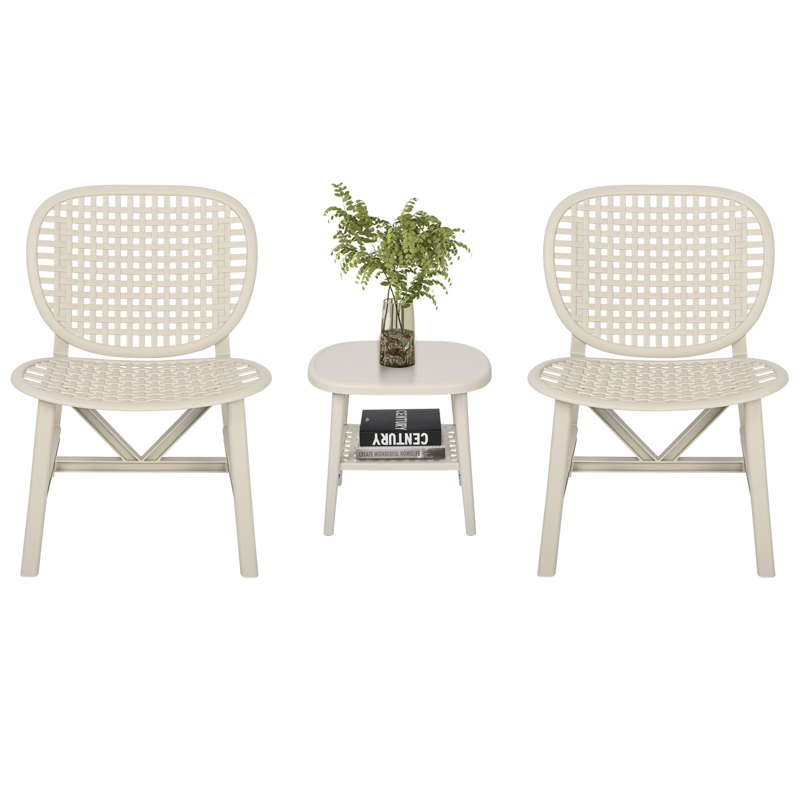 Aimee Lii 3 Pieces Hollow Design Retro Patio Table Chair Set, Outdoor All Weather Conversation Bistro Set with Open Shelf, Lounge Chairs, Widened Seat for Balcony Garden Yard, White Aimee Lii 3 Pieces Hollow Design Retro Patio Table Chair Set, Outdoor All Weather Conversation Bistro Set with Open Shelf, Lounge Chairs, Widened Seat for Balcony Garden Yard, White