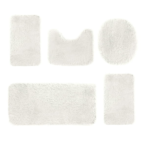 Btomtd 5pcs Solid Color Bath Rug Set Long Pile Absorbent Floor Mat Toilet Cover Thick Carpet Machine Washable, White