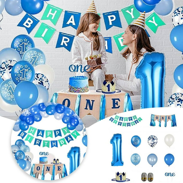 Baby First Birthday Party Decorations Printed Balloon Set Happy Birthday Supply Kit with Flag Banner for Celebration