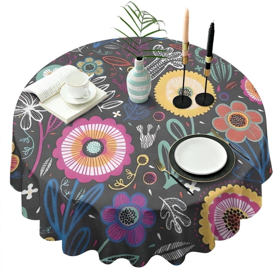 Multicolor Cartoon Floral Pattern Round Tablecloth 60"x60",Wrinkle Wipeable Table Cloth for Kitchen Dining Room Picnic Patio Party