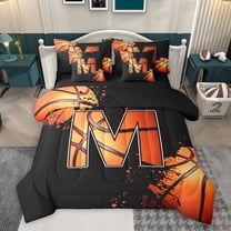 Homewish Cartoon Basketball Boys Twin Bedding Sets 7-Piece, Black Orange Monogrammed M Bedding Comforter Set, Modern Ball Sports Player Reversible Sheet Sets, Breathable Home Decor