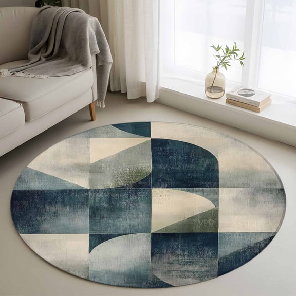 Round Rugs 3Ft, Navy Blue Geometric Round Area Rug Washable Indoor Throw Carpet, Grey Modern Abstract Art Small Non Slip Circle Rug for Bedroom Living Room Home Decor Aesthetic