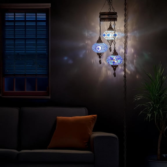 Handmade Turkish Hanging Lamp, Moroccan Mosaic Chandelier Pendant Light with 15-ft Cord & Chain, Suitable for Living Room, Bedroom, 3 Large 7'' Globes, 3.5 ft Drop