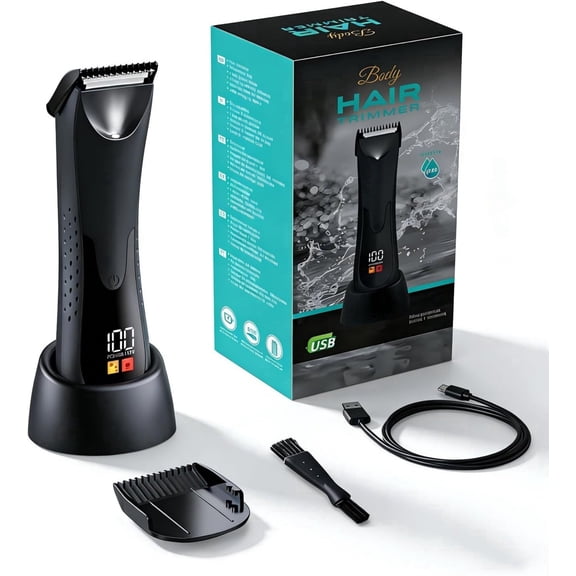 LARGNER Men's Body Hair Trimmer & Groin Shaver, Skin-Safe Ceramic Blade Manscaping Clipper for Home, IPX5 Waterproof, LED Display & Dock, Black