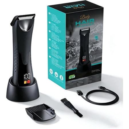 LARGNER Men's Body Hair Trimmer & Groin Shaver, Skin-Safe Ceramic Blade Manscaping Clipper for Home, IPX5 Waterproof, LED Display & Dock, Black