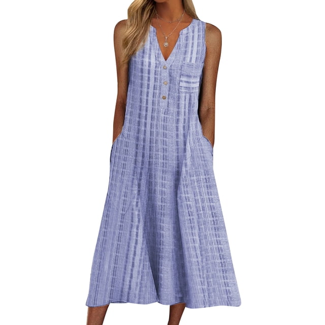 SAYOO Mujeres Juniors Plaid Vestidos casuales Verano con cuello en V Botón abajo Suelto Midi Vestido Vestidos de sol con bolsillos S-3XL SAYOO moda