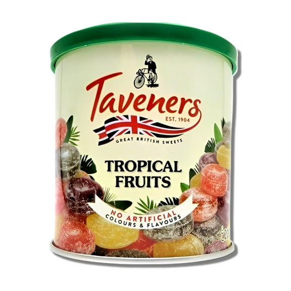 Taveners Tropical Fruit Drops - Sweet Drops Candy Assortment - Tropical Fruit Hard Candy in Tin - British Candy Sweets - Traditional & Old Fashioned Candy w/No Artificial Flavors & Colors 7.1 oz