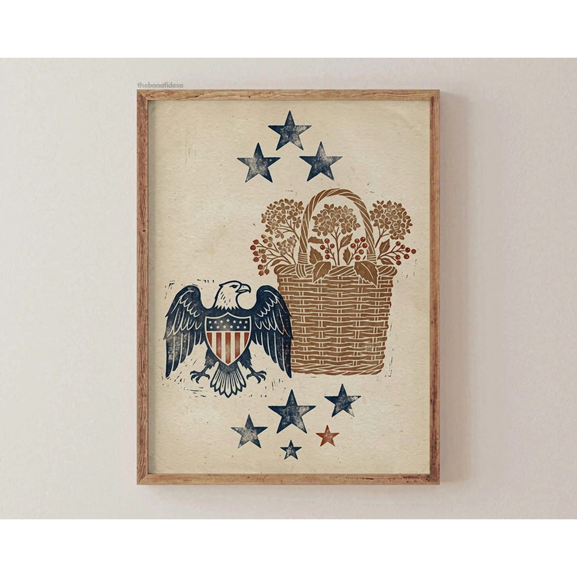 Primitive Americana Eagle Basket Folk Art Farmhouse Wall Art Nature Inspired Living Room Decor