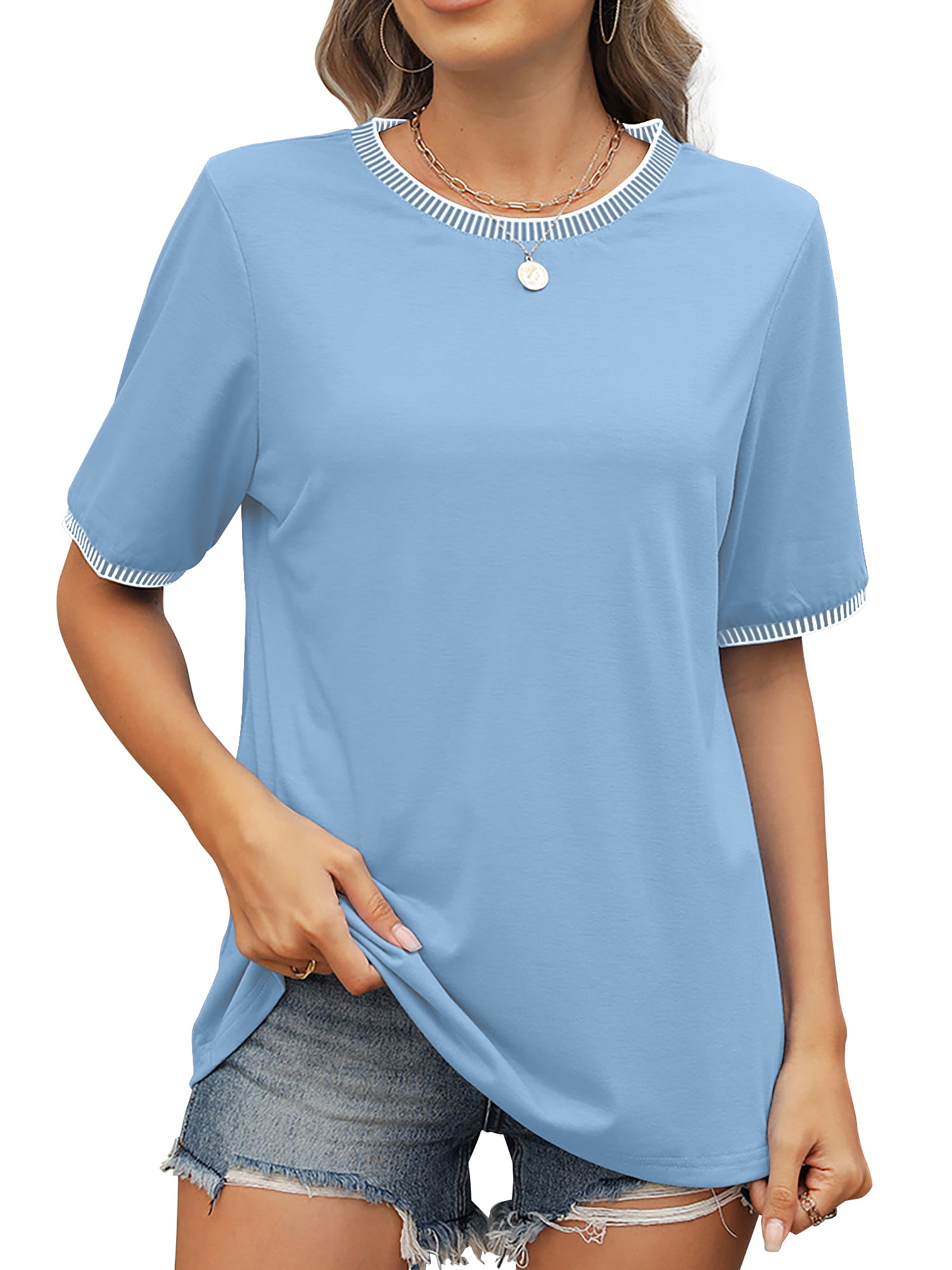MOSHU Dressy Women Tops Crewneck Blouses for Women Striped Colorblock Short Sleeve Shirts Casual Summer Tops