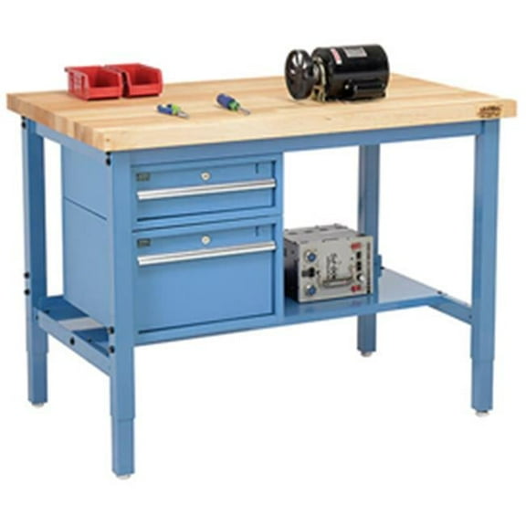 72 x 36 in. Production Workbench - Birch Butcher Block Square Edge with Drawers & Shelf, Blue