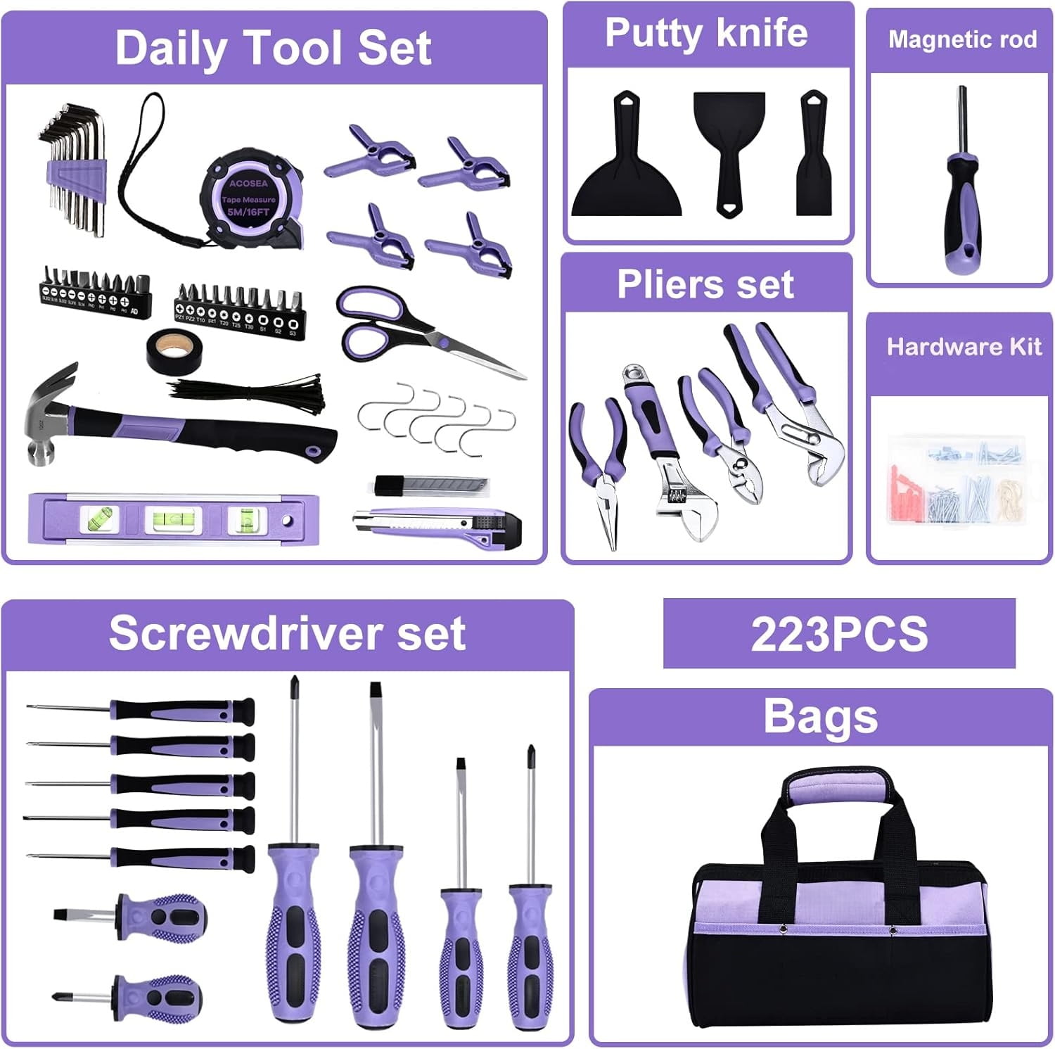 Purple Tool Set,223-Piece Tool Sets for Women,Tool Kit with 13-Inch Wide Mouth Open Purple Tool Bag,The Basic Tool Set is Perfect for Home Maintenance